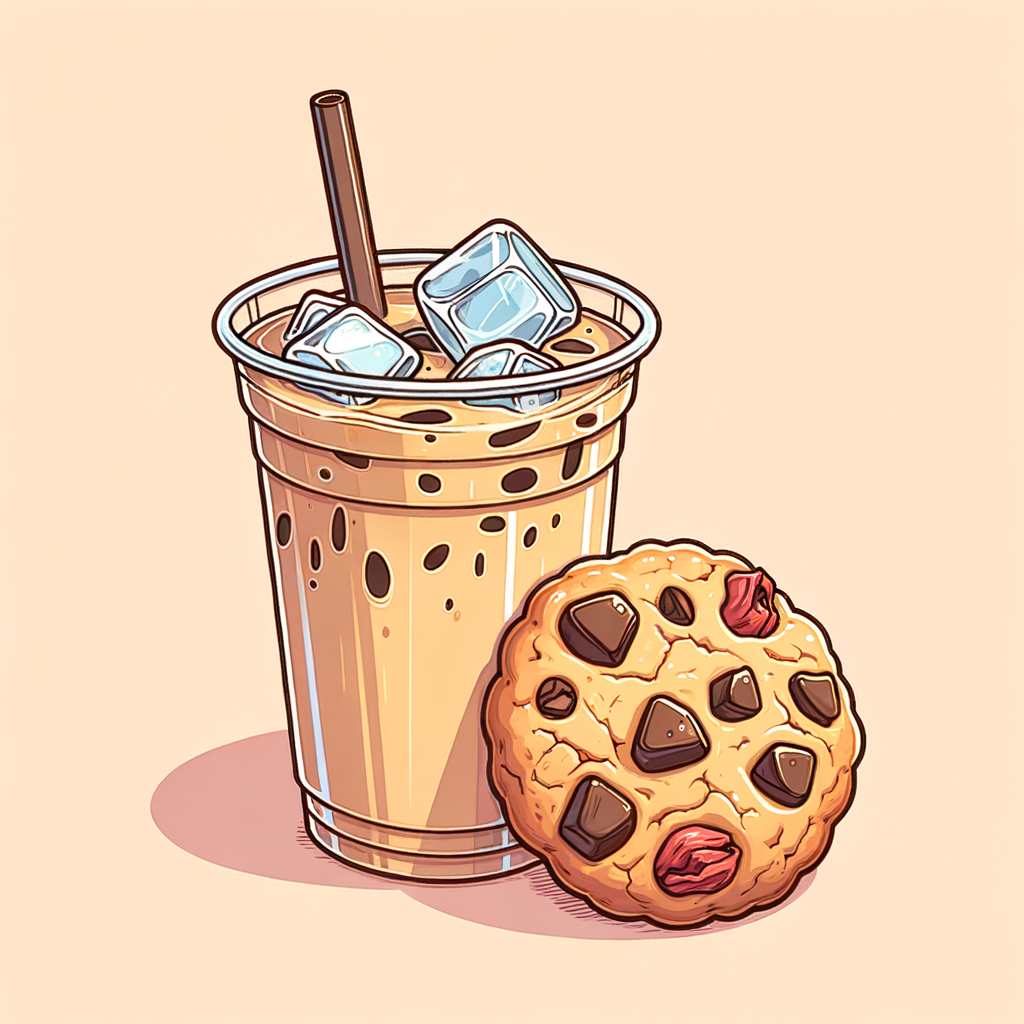 A clear plastic cup with a lid filled with a creamy light brown iced latte showing ice cubes, alongside a partially eaten chunky oatmeal cookie dotted with chocolate chips and dried cherries.