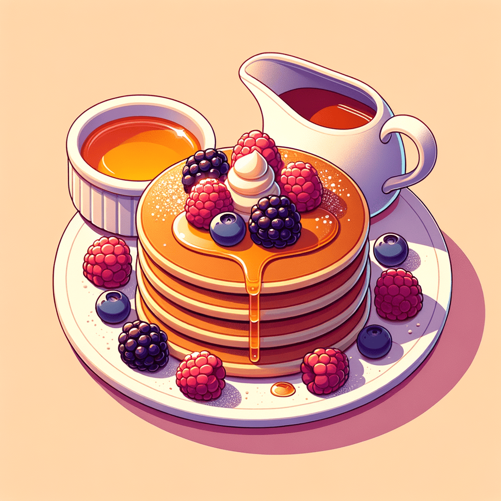A neat stack of three golden-brown pancakes on a white-rimmed plate, generously topped with a glossy compote of raspberries, blackberries, and blueberries, lightly dusted with powdered sugar, accompanied by a small white sauceboat of maple syrup on the side.