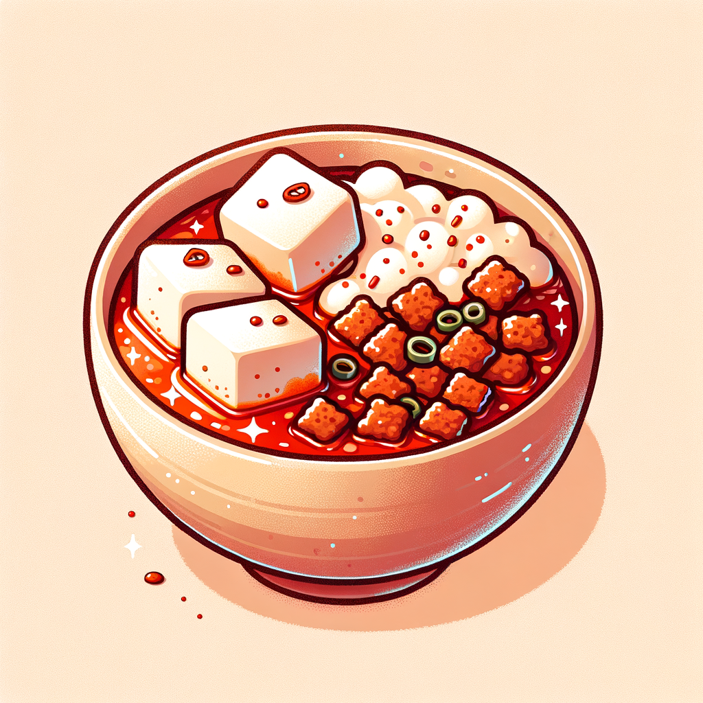 A bowl containing soft white tofu cubes and crumbled ground pork immersed in a glossy red chili oil sauce with visible chili flakes and green onion bits.