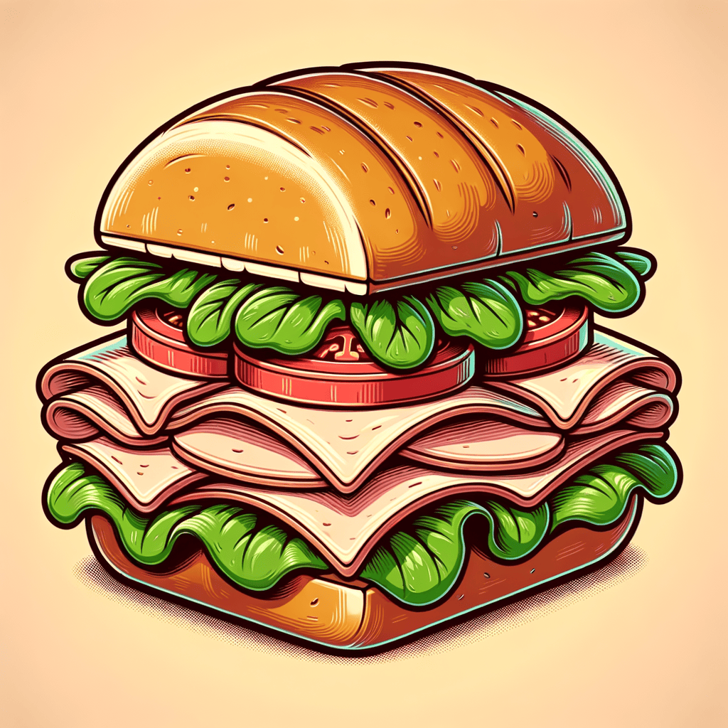 A cross-sectional view of a lightly toasted bread roll cut in half, showing stacked slices of turkey breast, green lettuce leaves, and red tomato slices, all wrapped in brown deli paper.