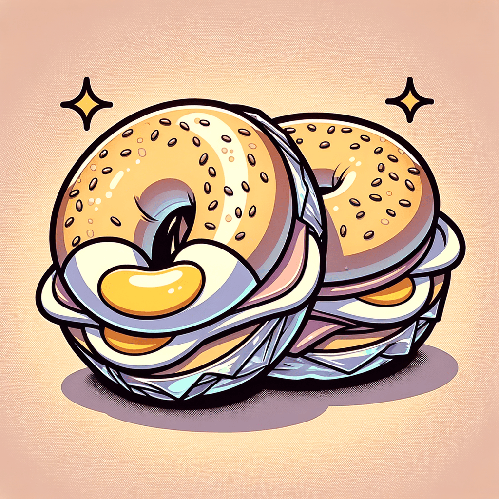 Two halves of a seeded bagel wrapped in foil, each filled with a folded yellow egg, thin slices of cured meat, and a layer of cream cheese.