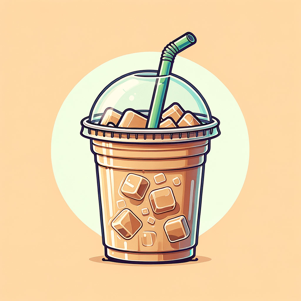 A clear plastic cup filled with light brown iced coffee, visible ice cubes, topped with a translucent plastic lid and a green straw.