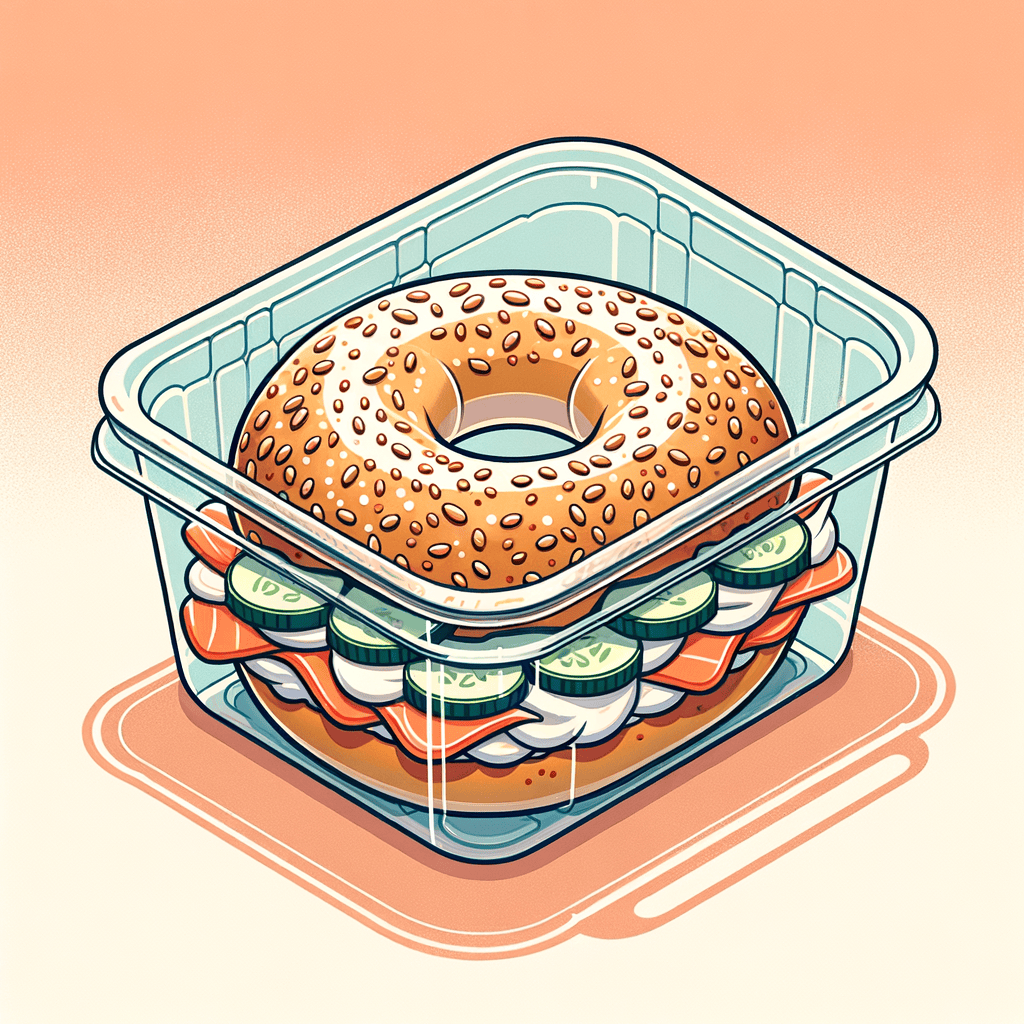 An everything bagel halved and spread with white cream cheese, layered with thin pink-orange smoked salmon and topped with three overlapping pale green cucumber slices, presented in a clear plastic takeout container.