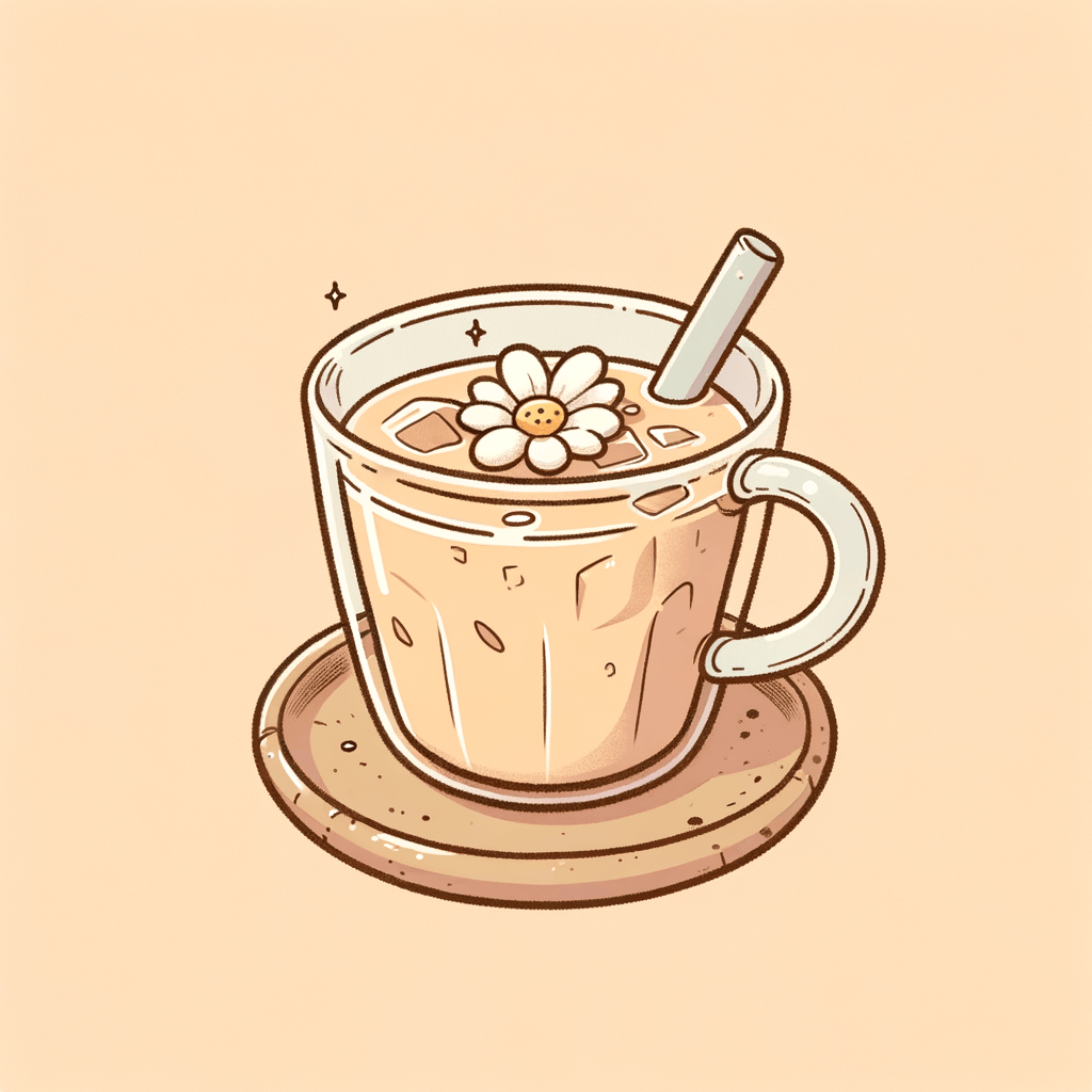 A clear cup filled with pale beige iced milk tea topped with a single flower bud, sitting on a small rustic ceramic saucer.