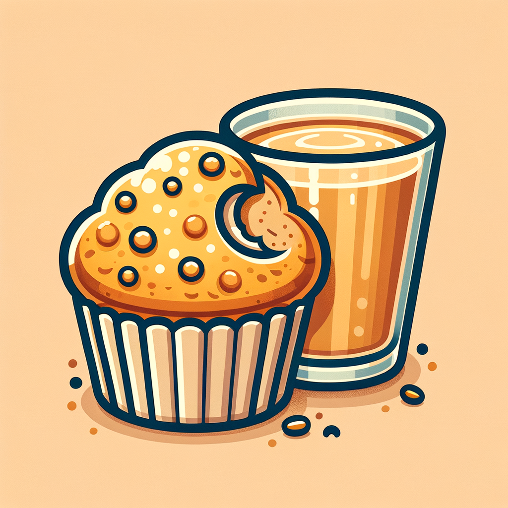 A golden-brown muffin with a crumbly top and a bite taken out, sitting on a paper liner, next to a clear glass filled with light-brown coffee showing subtle foam ripples on its surface.