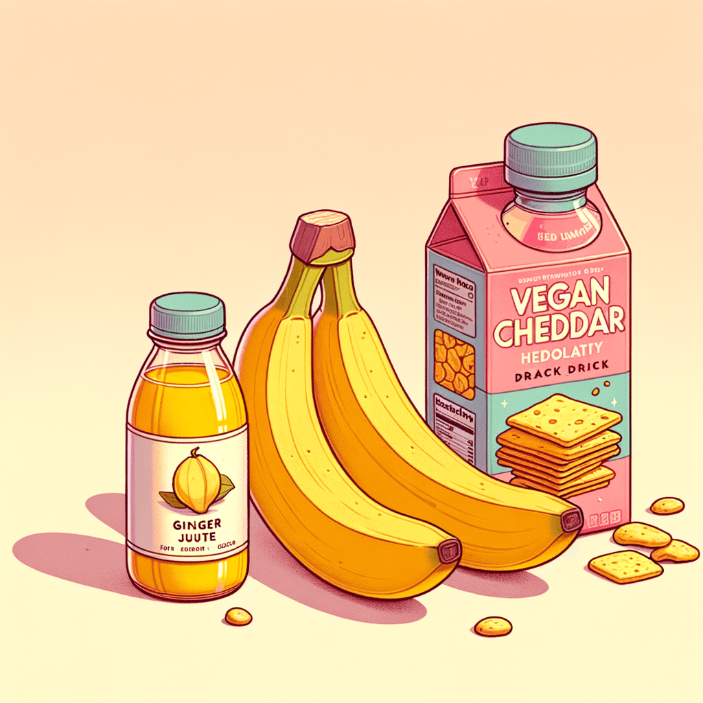 A small open bottle of yellow ginger juice shot next to two long ripe yellow bananas leaning against a standing box of vegan cheddar-style nut and seed crackers, with a partially visible pink guava electrolyte hydration drink bottle to the side, all arranged on a flat surface.