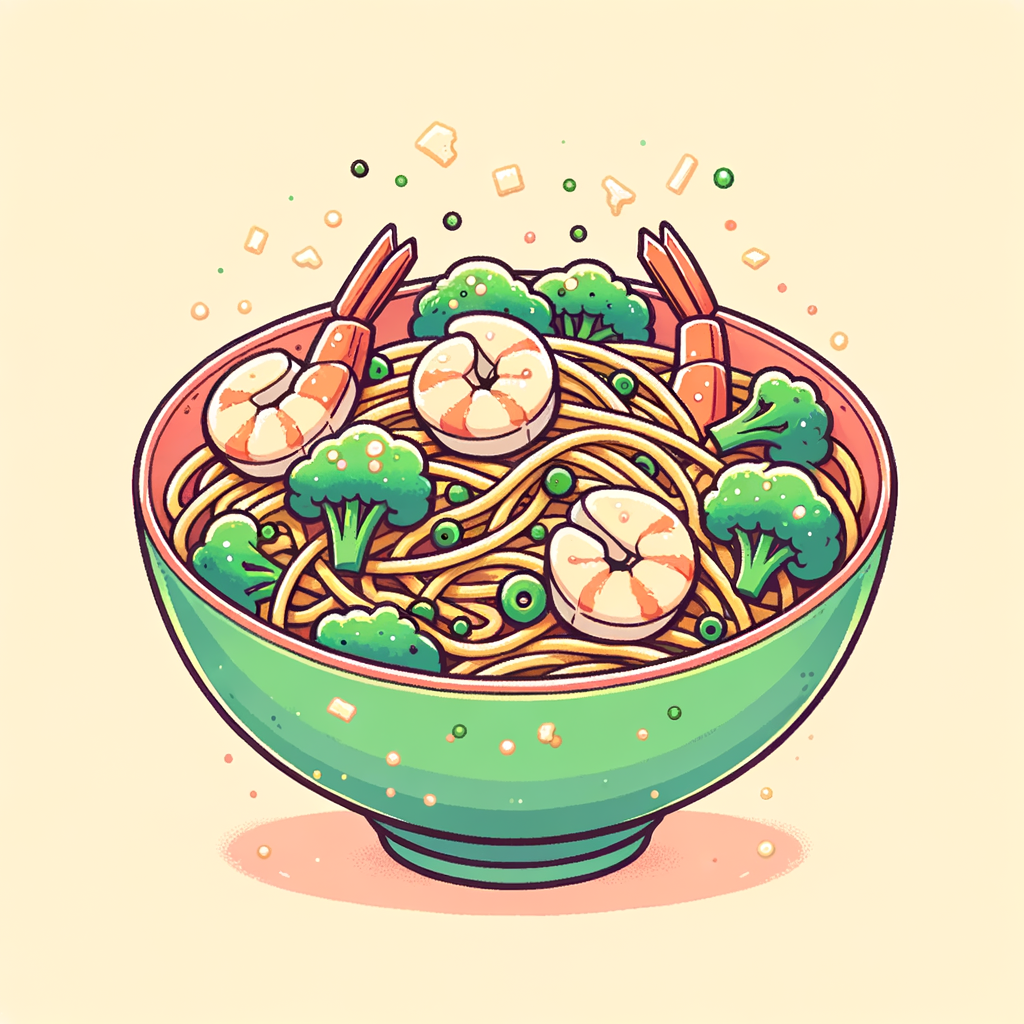 A bowl of stir-fried noodles mixed with plump shrimp and bright green broccoli florets, topped with a light dusting of grated cheese.