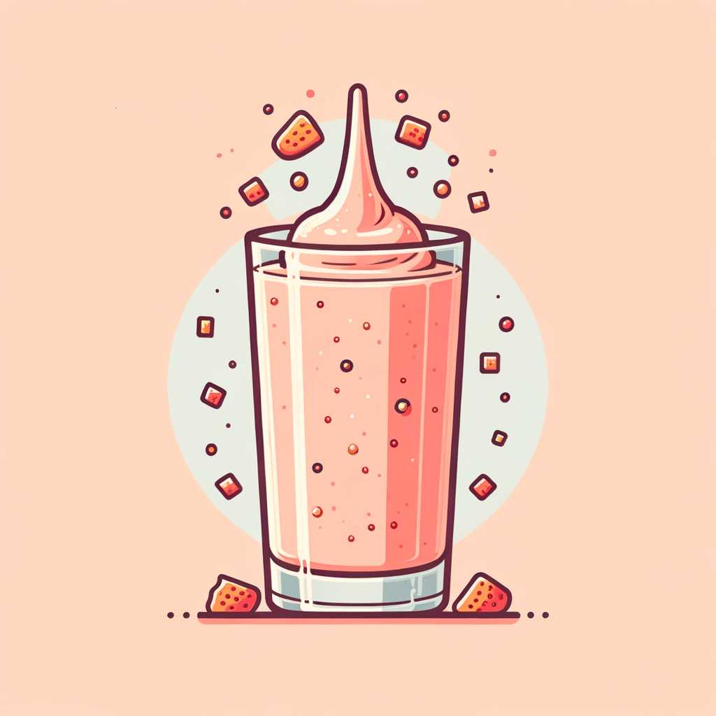 A tall, clear glass filled with a light pink, smooth blended fruit drink showing tiny flecks of fruit throughout.