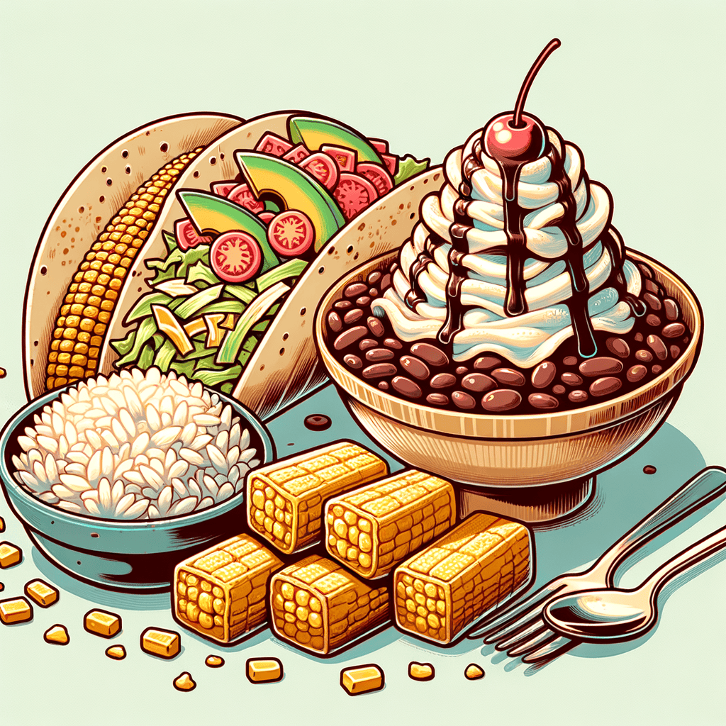 Two soft corn tortillas filled with charred grilled corn kernels, shredded iceberg lettuce, diced tomatoes, and sliced avocado. Alongside is a mound of white rice crowned with black beans and three pieces of golden fried plantains. Next to it, a crisp tortilla shell bowl holding scoops of vanilla ice cream topped generously with whipped cream, drizzled chocolate syrup, and a single red maraschino cherry.
