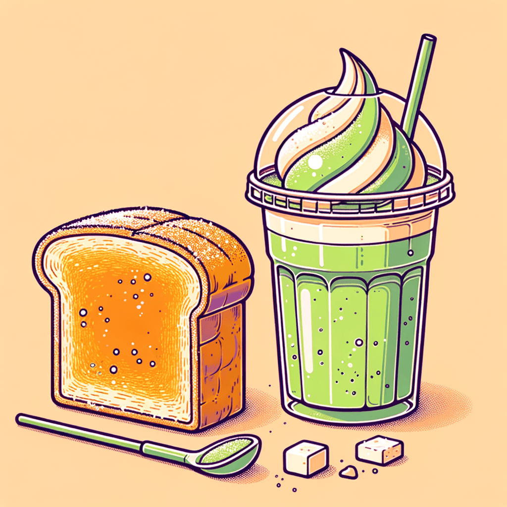 A caramelized sugar-crusted thick slice of toast with toasted edges next to a clear lidded cup of green matcha smoothie swirled with white yogurt and a straw.