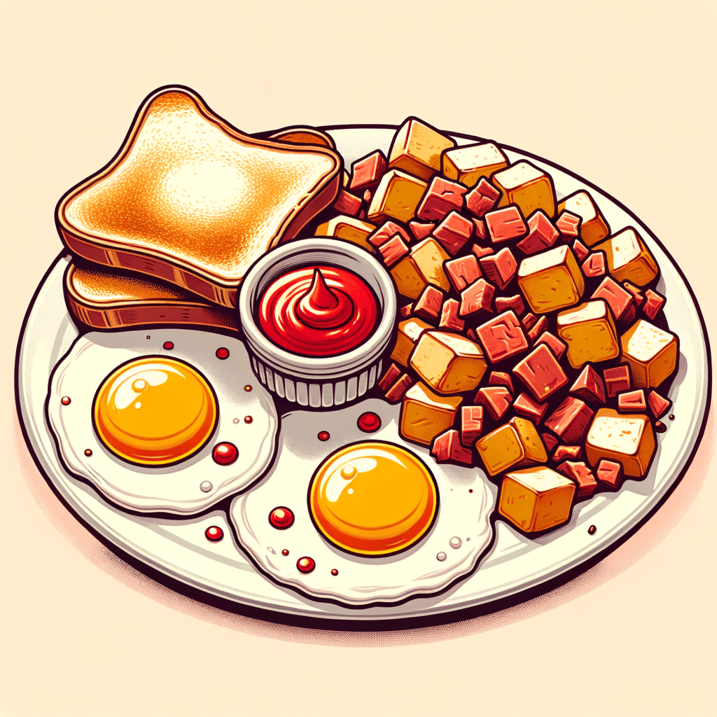 A white oval plate holding two sunny-side-up eggs with slightly runny yolks and bright red hot sauce drizzled on top, next to a generous portion of golden-brown corned beef hash made of diced potatoes and beef bits, accompanied by slices of toasted bread off to the side.
