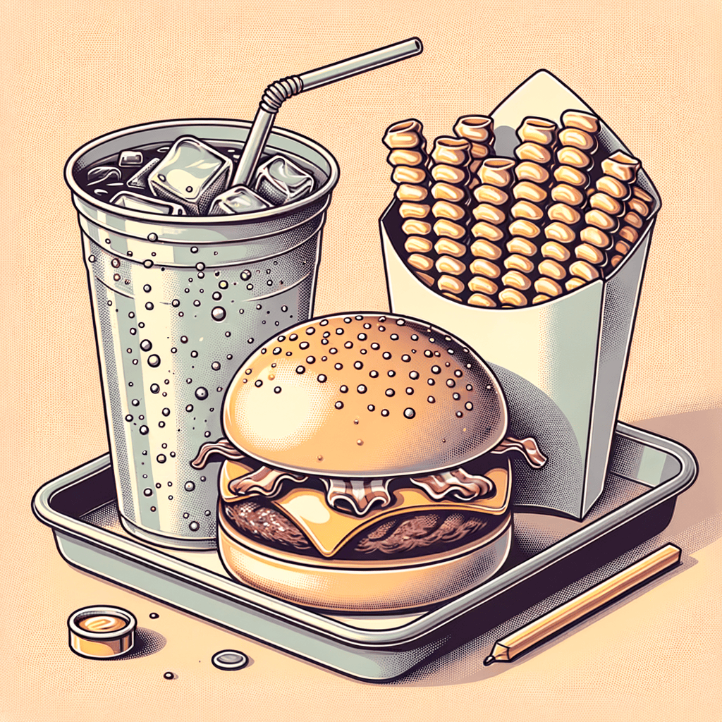 A wrapped beef cheeseburger on a toasted bun with bacon and melted cheese, alongside a tray of crinkle-cut seasoned fries and a clear plastic cup filled with iced soda with condensation.