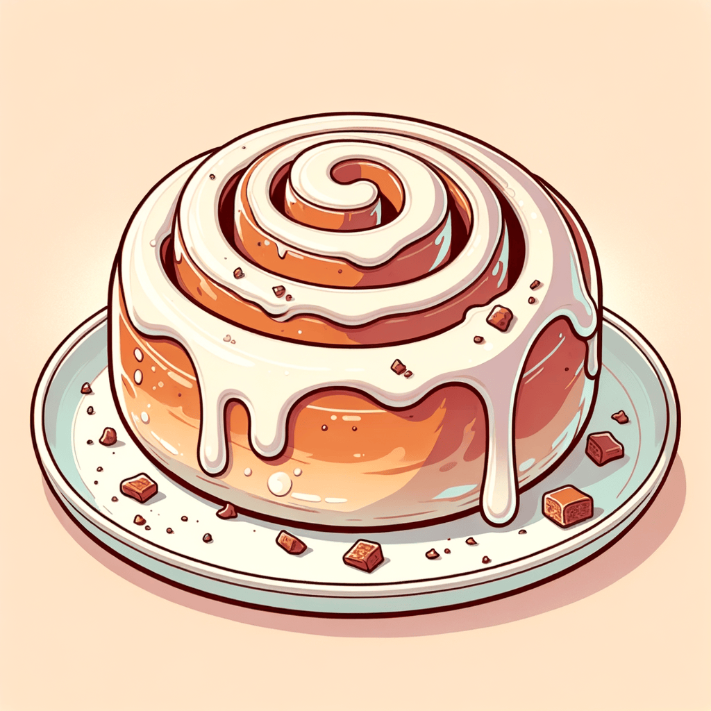 A partially eaten spiral cinnamon roll on a white plate, with two portions of glossy white icing on top and crumbs around the edge.