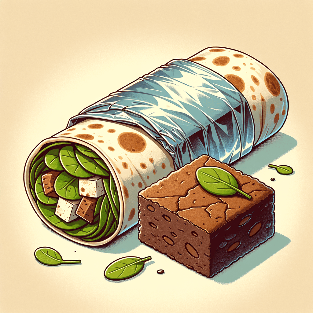 A green spinach tortilla wrap with savory filling, bottom half wrapped in aluminum foil, accompanied by a small chocolate brownie piece on a neutral background.