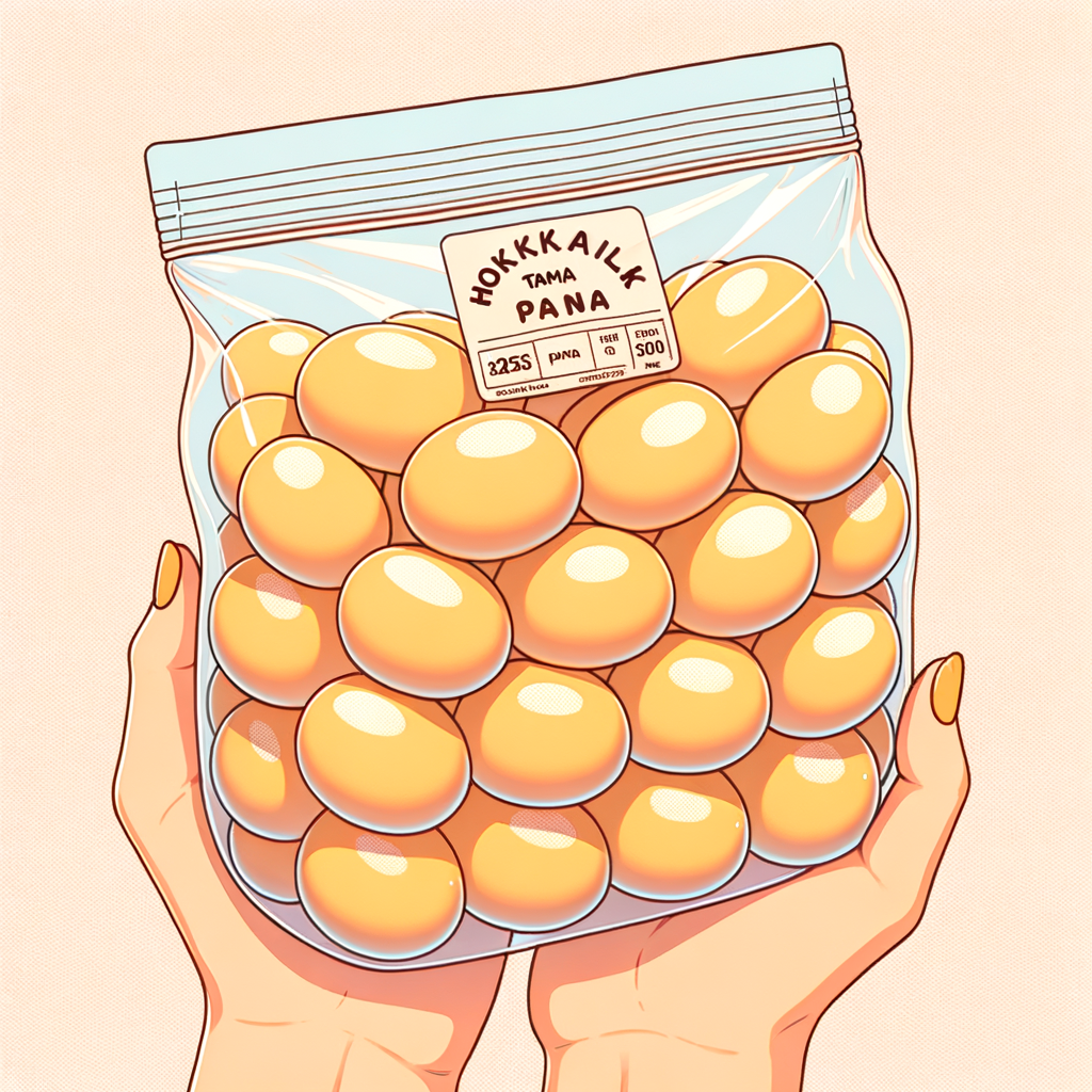 A transparent plastic bag filled with rows of small golden oval egg bread buns labeled “Hokkaido Milk Tama Pan,” no background.