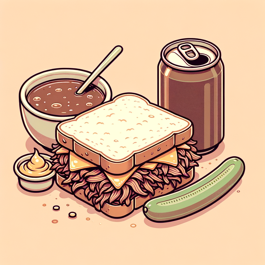 A sliced white bread sandwich filled with a generous mound of shredded roast beef and melted cheese, mustard smeared on the bread, presented alongside a small bowl of clear brown au jus broth and a crisp green pickle spear, with an unopened dark soda can next to the plate.