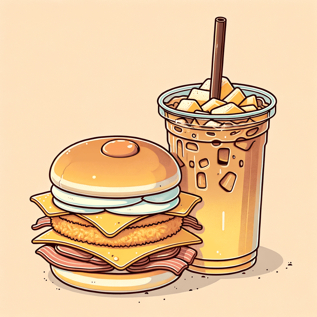 A halved breakfast sandwich on a soft golden bun displaying layers of folded yellow egg, a crisp hash brown patty, smoky bacon and melted cheese. Beside it, a clear plastic cup filled with iced coffee topped with light foam and a brown straw.