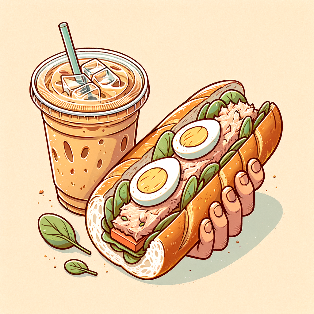 A crusty baguette halved lengthwise filled with layers of tuna salad, slices of hard-boiled egg, tomato and green spinach leaves, placed next to a clear plastic cup of iced latte with a lid, isolated against a neutral background.