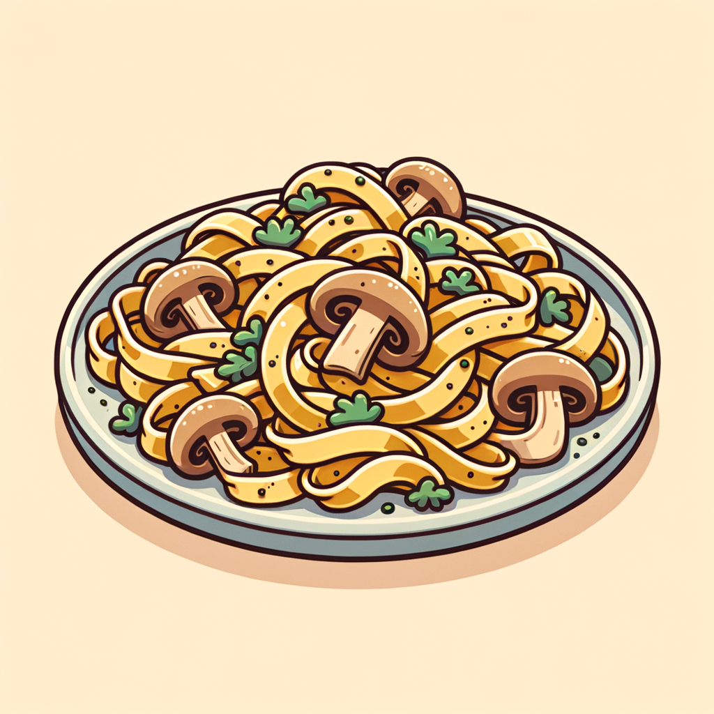 A serving of ribbon-like wavy-edged pasta topped with golden-brown sautéed mushrooms and scattered chopped green parsley, presented on a simple round ceramic plate.