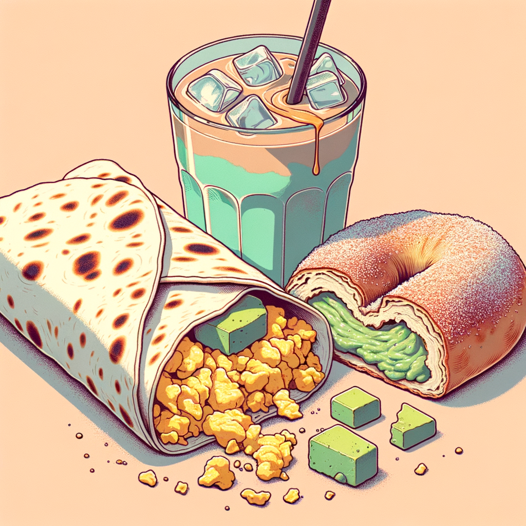 A flour tortilla wrap cut in half to reveal a filling of scrambled eggs and green avocado mash, placed beside a cinnamon-sugar coated pastry and a glass of iced coffee with visible ice cubes, all on a plain background focusing only on the food.