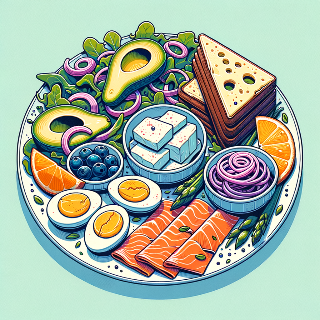 A white round plate piled with mixed salad greens topped with sliced avocado, pickled red onions, soft-boiled egg halves, silky smoked salmon slices, two rectangular slices of brie cheese, an orange wedge and a slice of dark rye bread. Next to it, a smaller matching plate holds two folded golden crepes covered with a cloud of whipped cream and drizzled in deep blue blueberry compote.