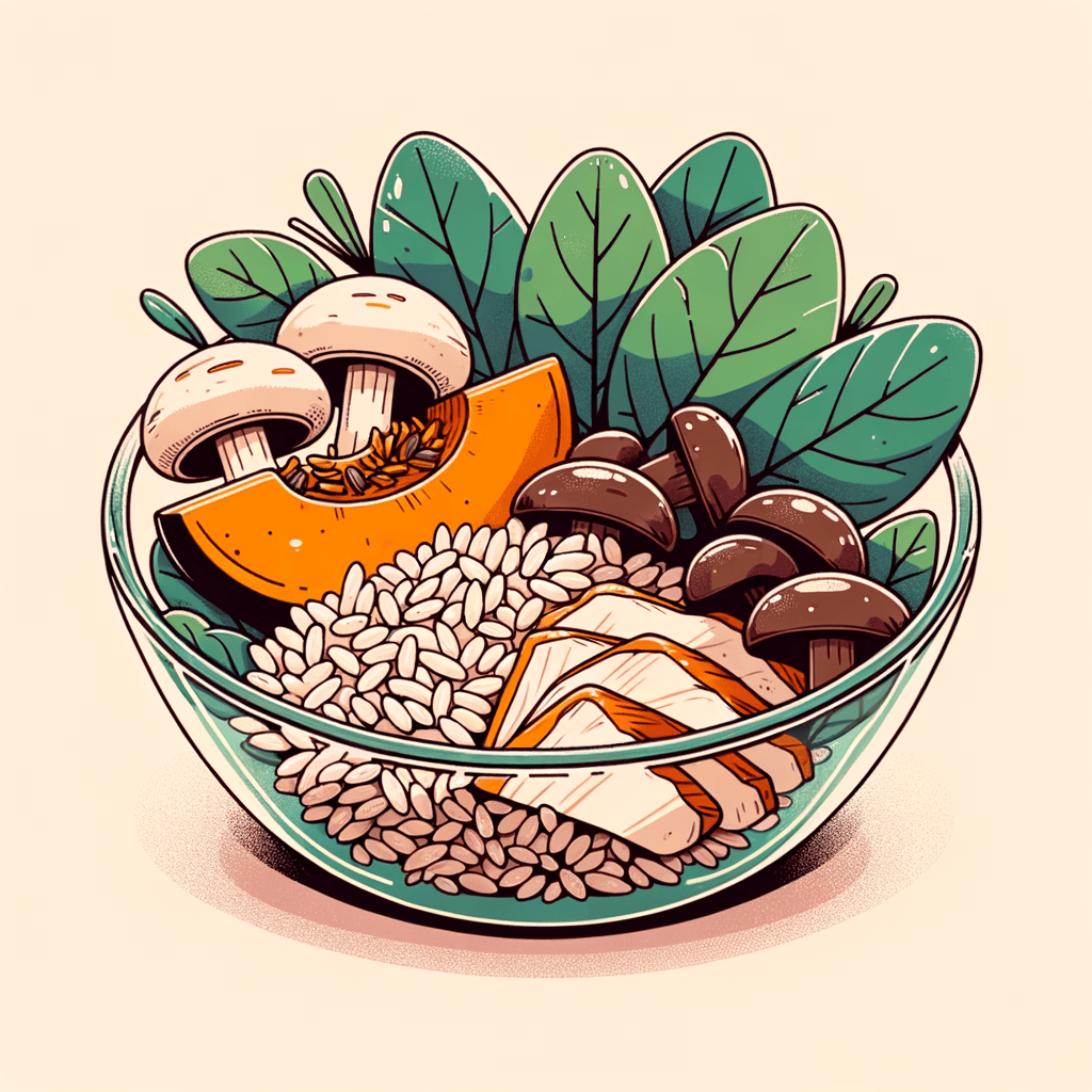 A clear glass bowl containing fluffy brown rice, bright orange roasted squash wedges, cluster of brown mushrooms, deep green spinach leaves and thin slices of light pink chicken breast.
