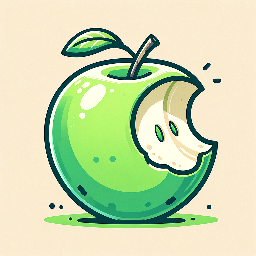 A single green apple with a bite taken out of one side, held against a neutral background, showing the pale interior and glossy skin.