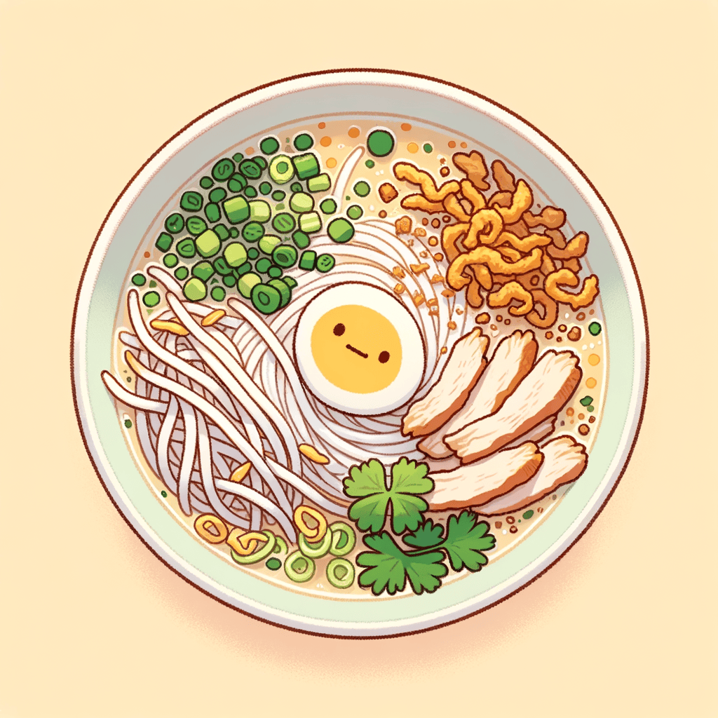 A white bowl filled with clear broth and flat rice noodles, topped with shredded poached chicken, bean sprouts, chopped cilantro, and a sprinkle of golden fried garlic.