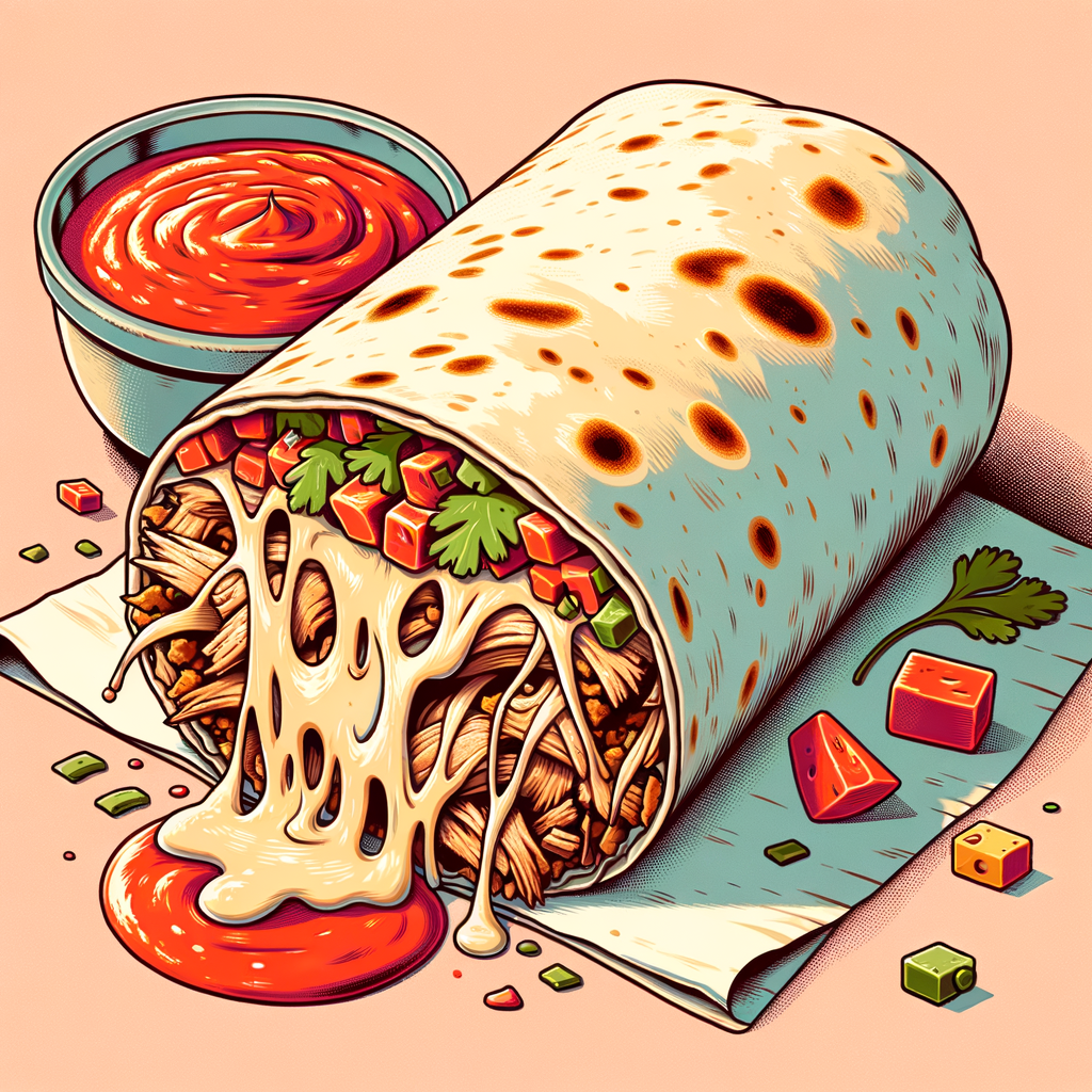 A large burrito cut in half to reveal a filling of shredded pork, melted cheese, red salsa, and cilantro, all wrapped in a soft flour tortilla.