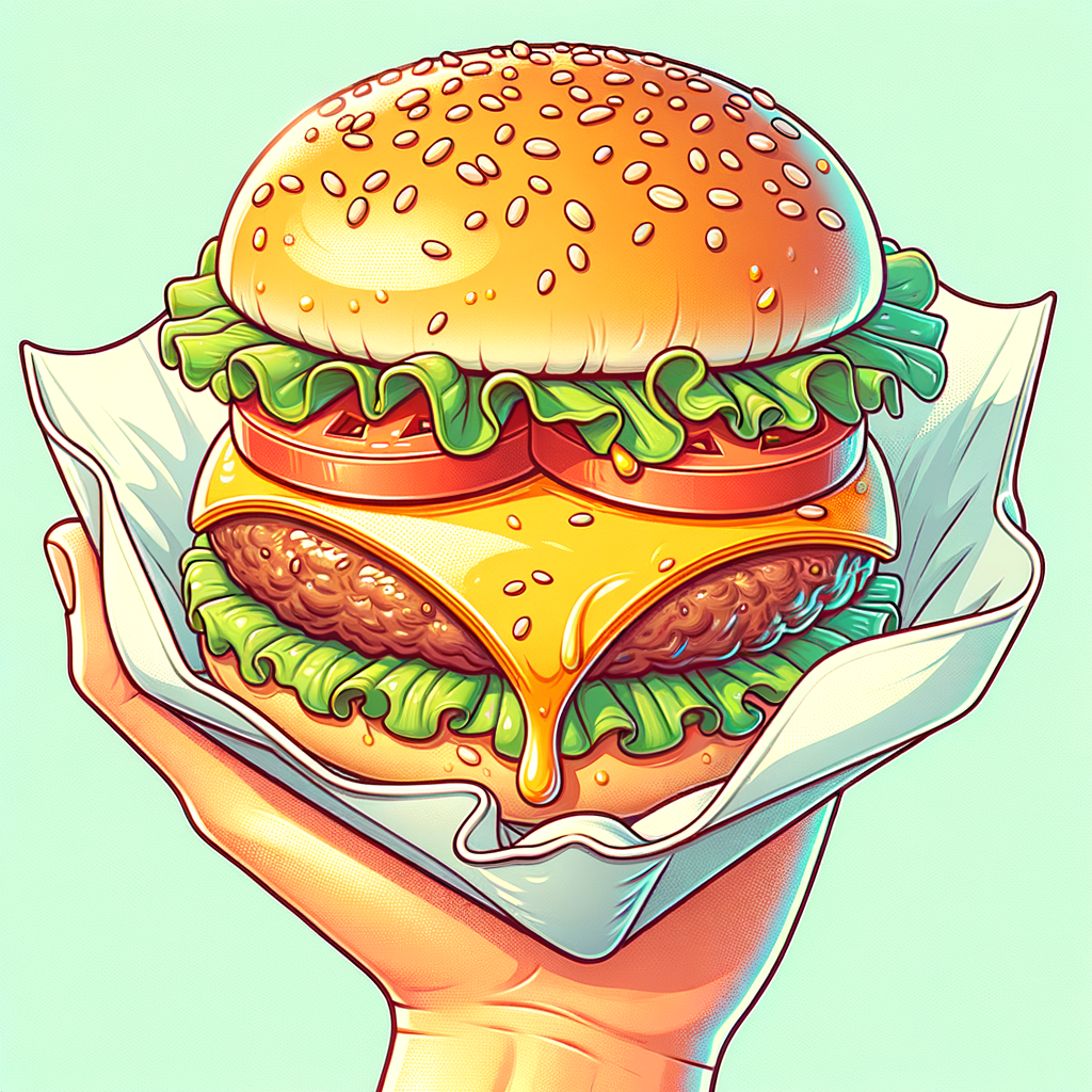 A hand-held cheeseburger wrapped at the base in paper, showing a toasted bun with melted cheddar cheese over a beef patty, topped with crisp lettuce and tomato slices.