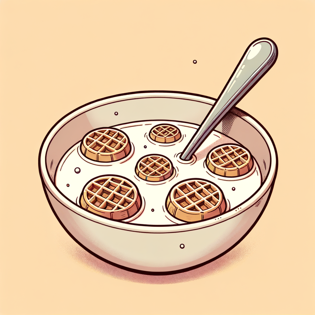 A white ceramic bowl containing round waffle-patterned cereal pieces immersed in milk, with a metal spoon partially submerged among the cereal.