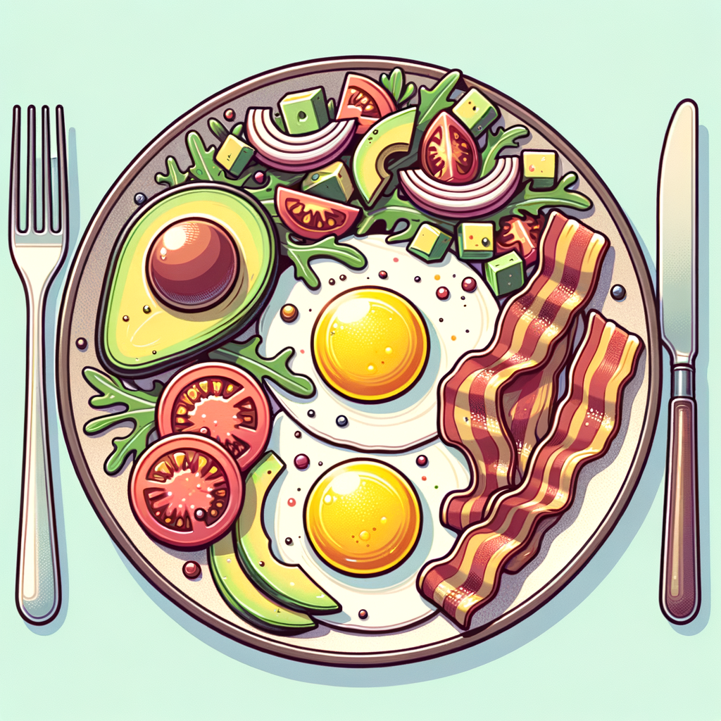 A neutral-toned plate featuring two sunny-side-up eggs with bright yellow yolks, crispy bacon strips, a spoonful of diced tomato and red onion salad with avocado chunks, and a mound of fresh, lightly dressed arugula leaves.