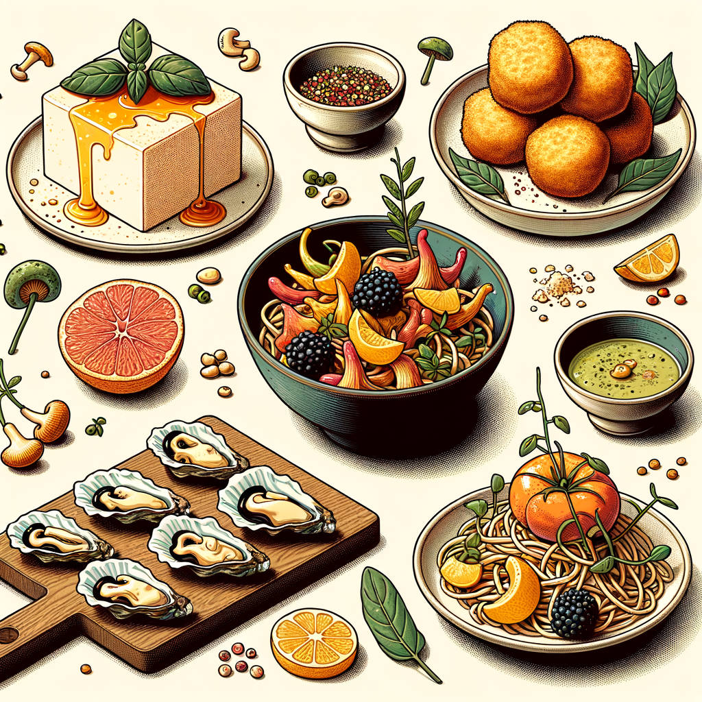 A series of small plates and bowls: a square of silken tofu drizzled in red chili oil and garnished with tender mushrooms; two oysters nestled in their shells topped with shredded citrus garnish and sesame seeds; three golden brown croquettes arranged on a wooden board with a small pile of seasoning; thinly sliced scallop crudo dressed with a pale green sauce, blackberries, jalapeño rings and microgreens; sliced ripe peaches in a light syrup sprinkled with seeds and fresh mint leaves; a small bowl of chanterelle mushrooms and halved cherry tomatoes in glistening oil topped with basil leaves; a plate of rustic pasta tossed with chanterelles, cherry tomatoes, grated cheese and fresh herbs; and a bowl of crispy fried bites resting on a bed of mixed herbs and jalapeño slices.