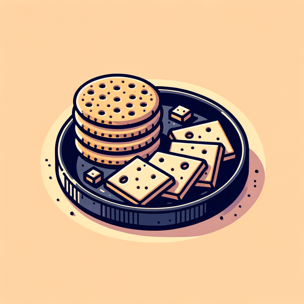 A dark round plate with three round multigrain crackers and several thin rectangular slices of pale cheese arranged around them.