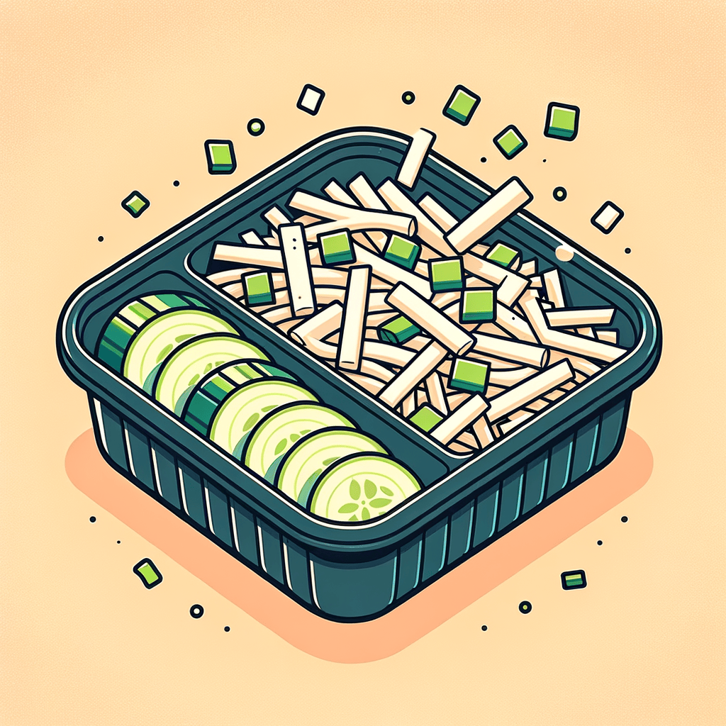 A black rectangular container filled with shredded white chicken and thick cucumber slices coated in a vibrant green herb pesto dressing.