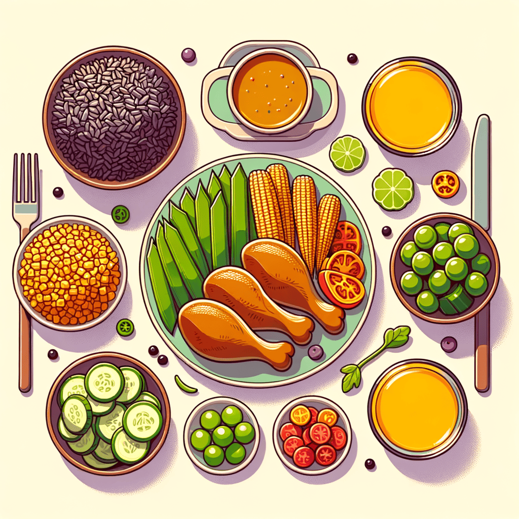 Overhead view of a tabletop arrangement with a plate of roasted chicken pieces, a bowl of black rice, a small bowl of thick orange curry sauce, a glass container holding snap peas, baby corn, red pepper strips, and zucchini slices, a small bowl of green grapes, and two glasses of vibrant orange juice.