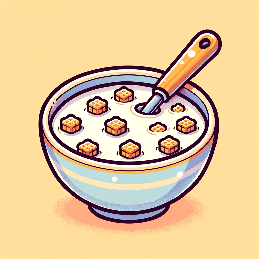 A round bowl filled with white milk and floating golden brown, grid-patterned wheat cereal pieces, with a spoon immersed in the milk.