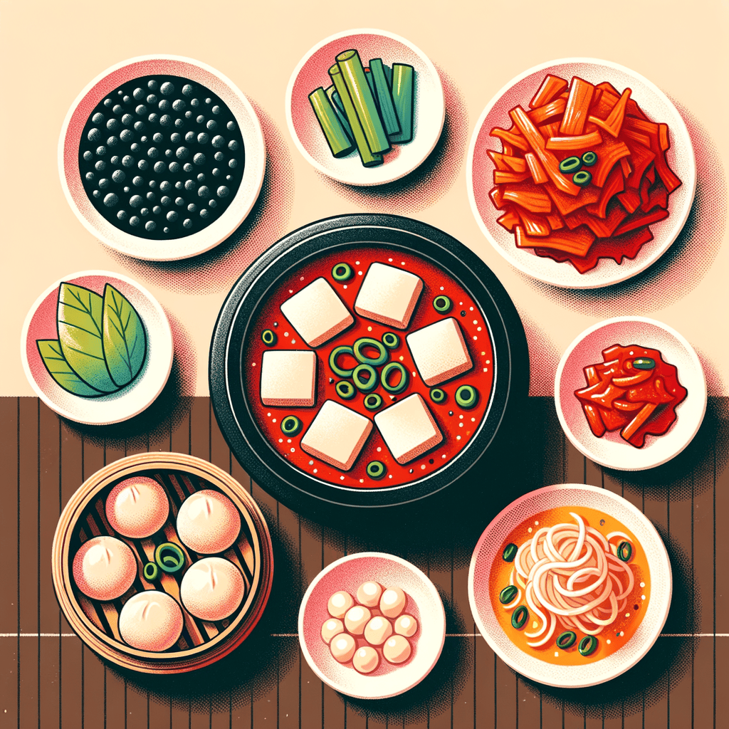 A black stone pot filled with vibrant red spicy tofu stew garnished with sliced scallions, accompanied by a bamboo steamer holding steamed dumplings on cabbage leaves, surrounded by small white dishes of assorted banchan such as cubed kimchi, spicy shredded radish kimchi, seasoned bean sprouts, marinated mushrooms, and black beans, all arranged on a dark wooden table.