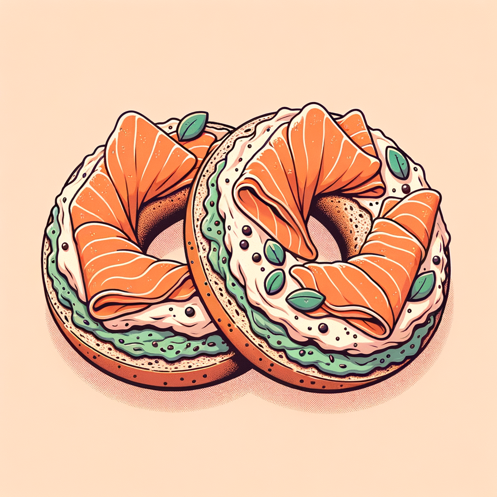 Two halves of a whole wheat bagel, each spread thickly with herb-infused cream cheese and topped with folded slices of smoked salmon, placed side by side.