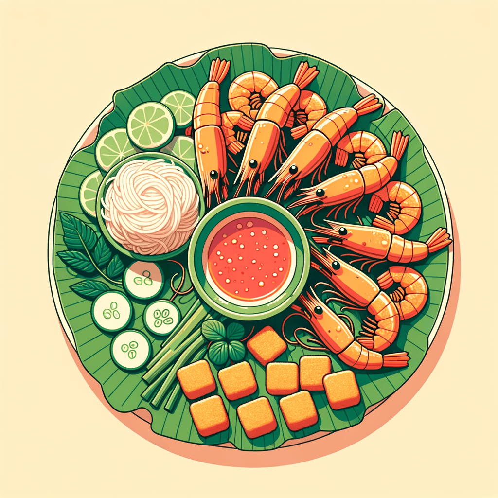A green round plate piled with crispy deep-fried whole shrimp with heads on, surrounding a small matching bowl of red dipping sauce; alongside a banana leaf-lined platter holding a heap of white rice vermicelli noodles, golden cubes of fried tofu, sliced Vietnamese sausage, fresh perilla and herb leaves, cucumber slices, and a small bowl of savory dipping sauce.