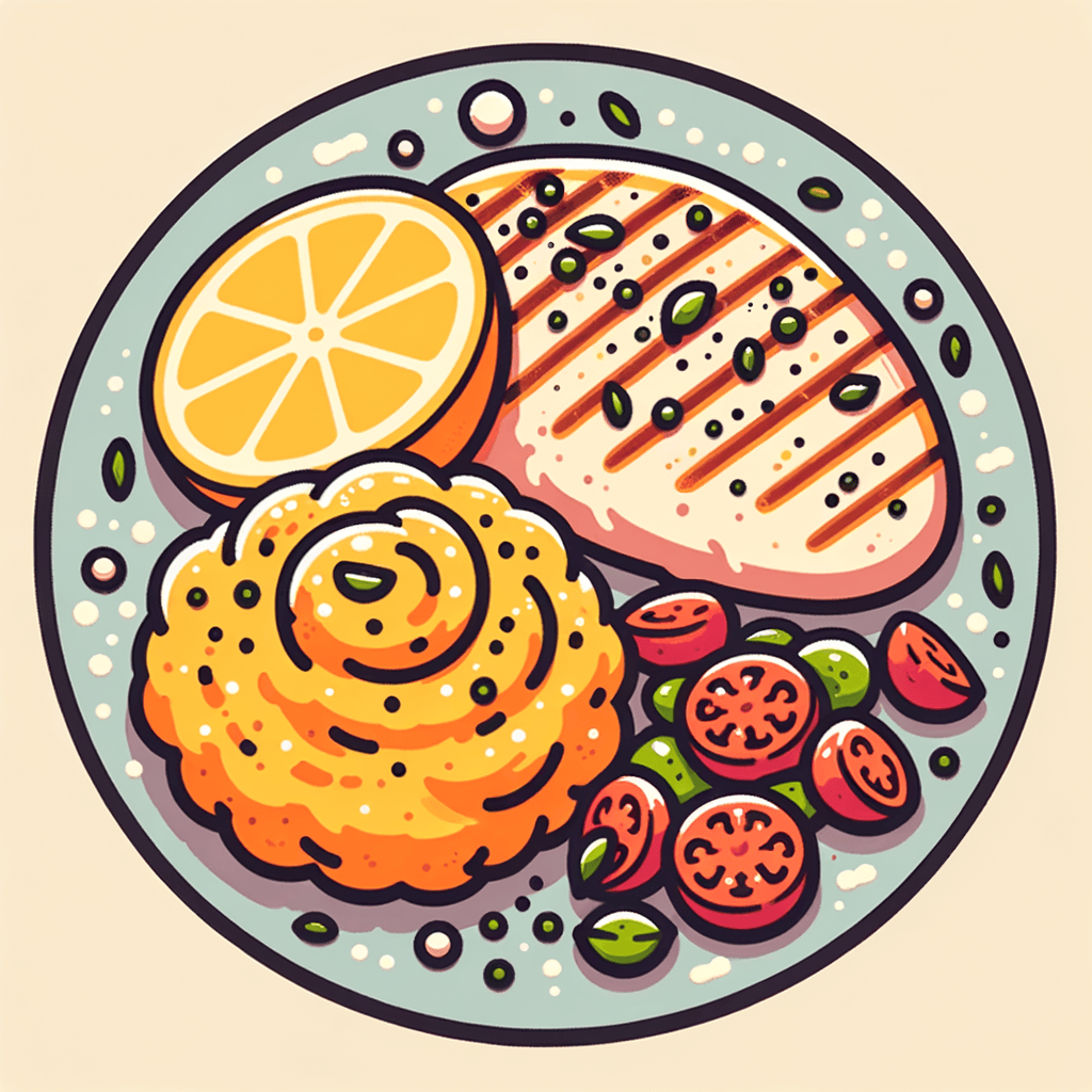 A round plate with a grilled chicken breast topped with thin lemon rounds and sprinkled herbs, accompanied by a scoop of mashed sweet potato and a small heap of chopped tomato and herb salad.