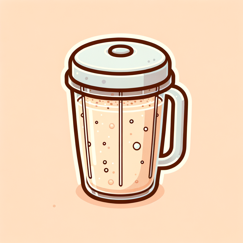 A transparent plastic blender cup half-filled with a frothy light beige smoothie, showing creamy texture and small air bubbles on the surface.