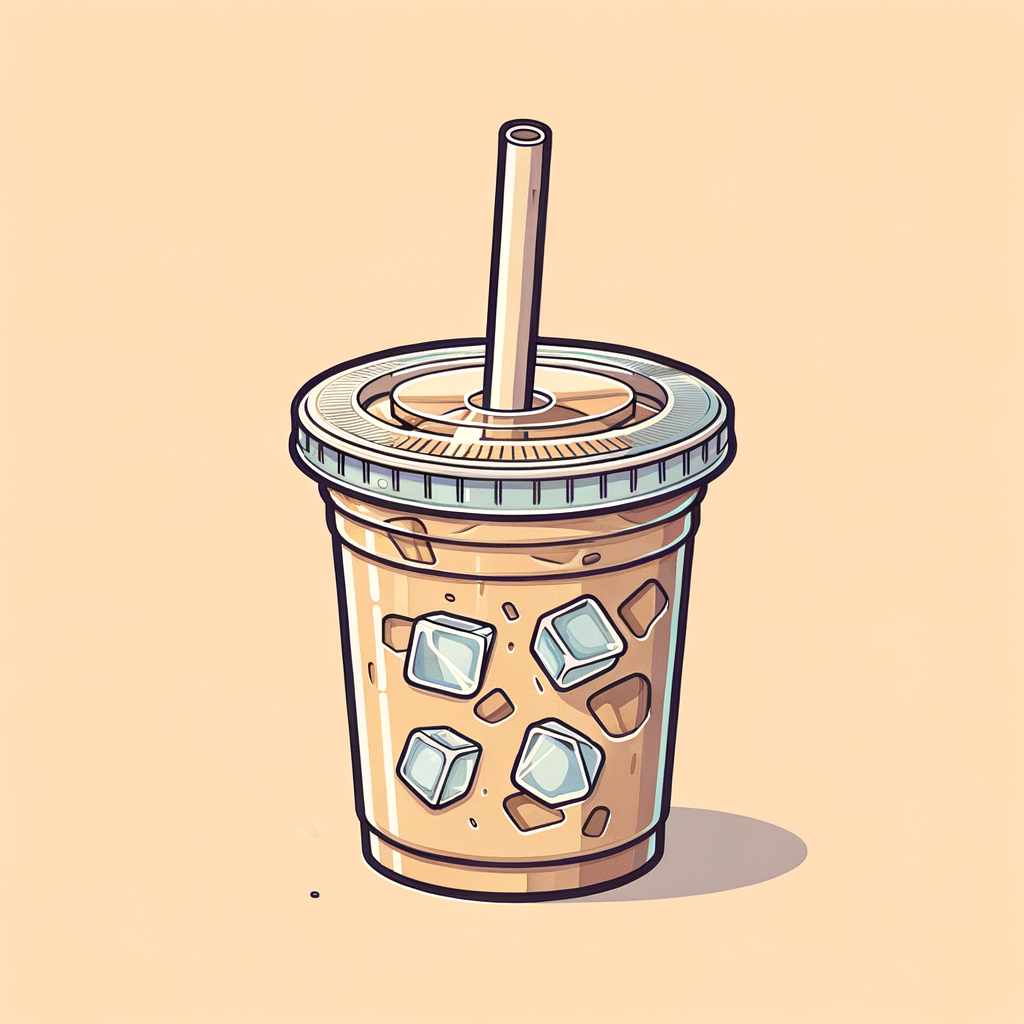 A clear plastic cup holding a light tan iced coffee with visible ice cubes, sealed with a transparent lid and a slender paper straw protruding from the center.