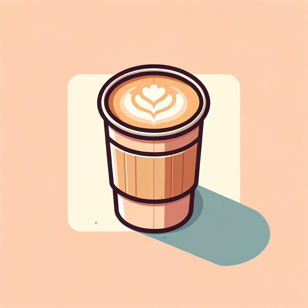 A paper coffee cup filled with a frothy latte featuring simple white milk-art on top, photographed against a bakery display.