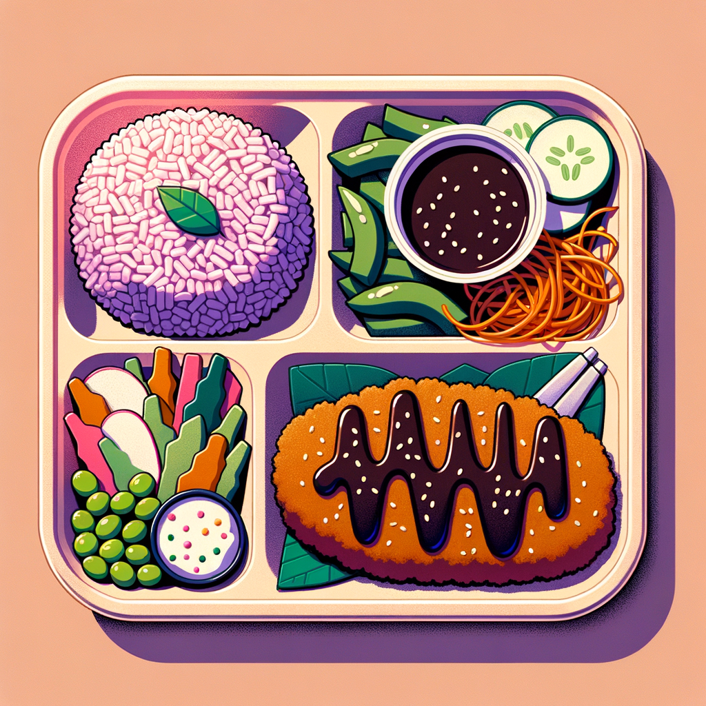 A compartmentalized tray containing a mound of purple-hued rice, a golden-brown breaded cutlet drizzled with thick dark brown sauce, a vibrant salad of mixed greens, shredded orange carrot, green edamame and thin radish slices, with a paper cup holding sesame-coated cucumber slices and another holding white pickled onion slivers.