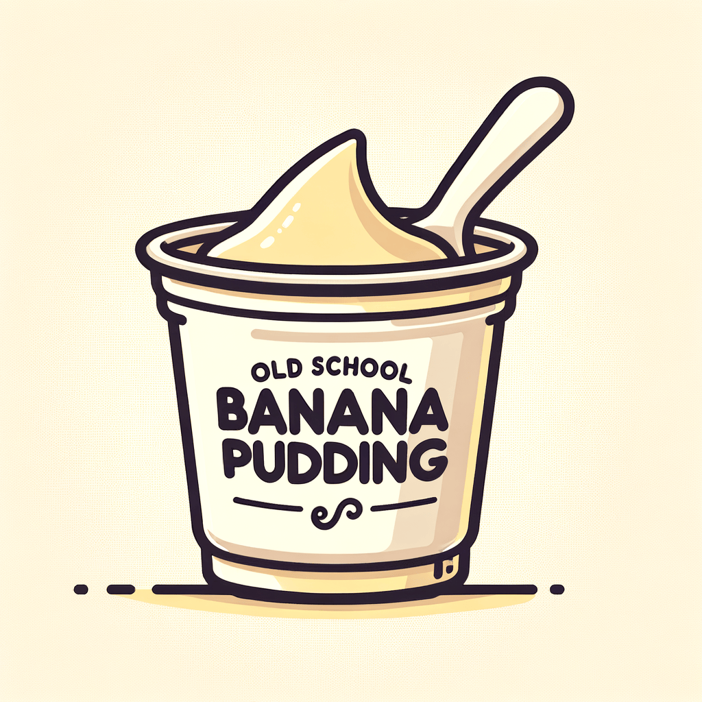 A white paper cup labeled “Old school BANANA PUDDING” filled with pale yellow, smooth banana pudding with a spoonful removed from the top.