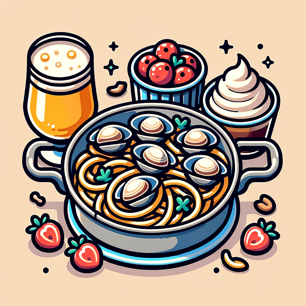 A shallow metal pan of linguine pasta mixed with clams in shells, halved cherry tomatoes and chopped parsley in olive oil, served with two small glasses of amber beer and a side dessert plate holding a plastic cup of chocolate mousse garnished with chopped nuts, fresh raspberries, strawberry slices and a dollop of whipped cream.