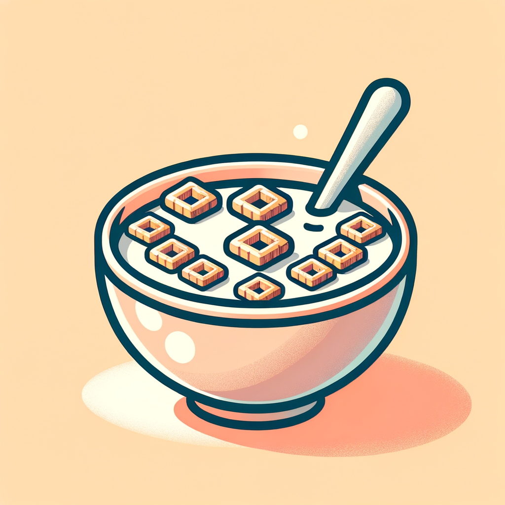 A simple bowl of breakfast cereal with toasted wheat lattice-shaped pieces floating in cold white milk, a spoon resting inside the bowl.