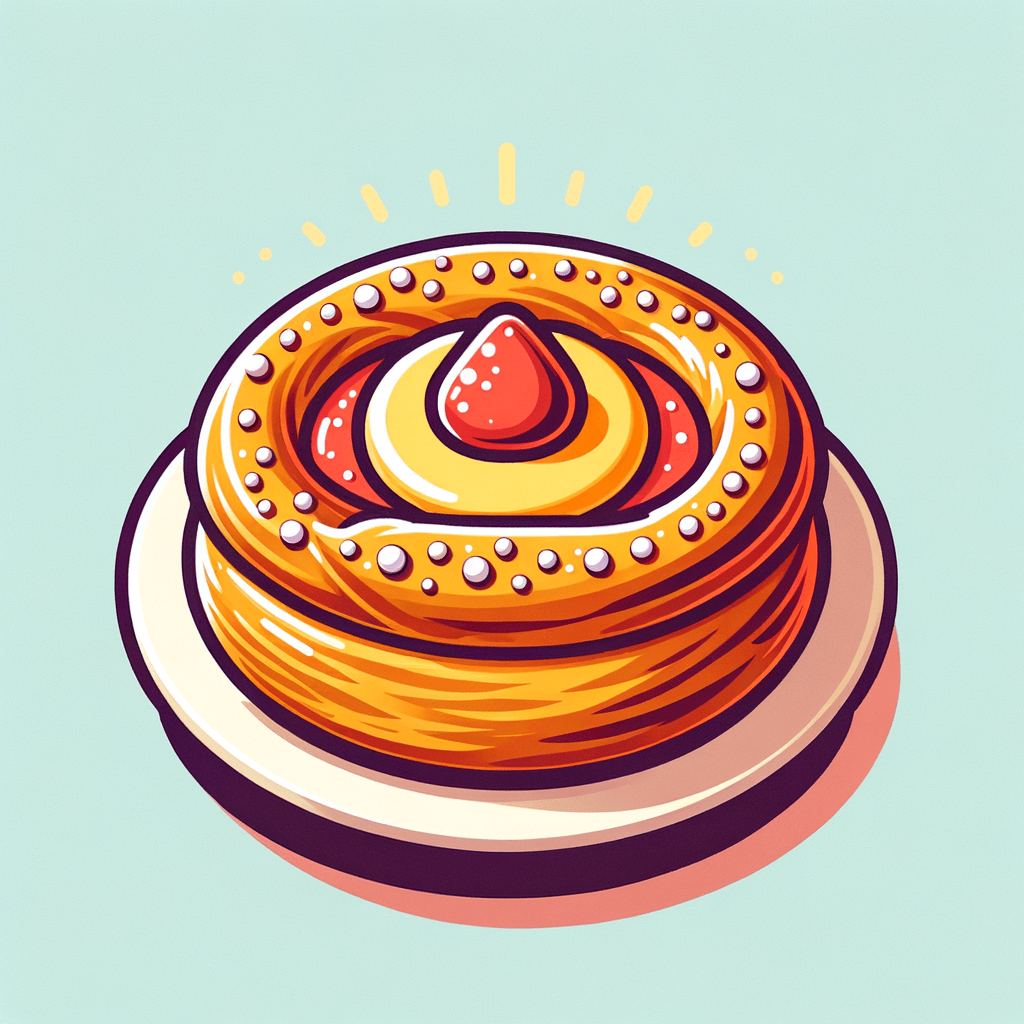 A white round plate holding a golden-brown flaky Danish pastry filled with bright yellow vanilla custard and a dollop of red raspberry jam in the center, lightly sprinkled with sugar crystals.