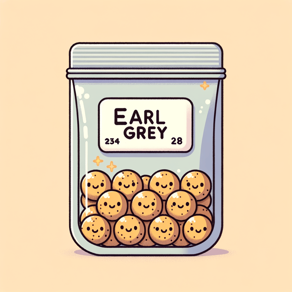 A partially transparent package labeled 'Earl Grey' containing small round golden baked bread bites speckled with tea leaves, with one bite held in a hand in front of the package.